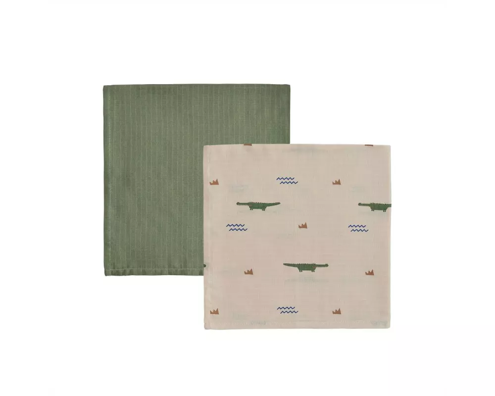 OYOY Mulltuch Crocodile 2 Stück, 70 x 70 cm, Beige/Olivgrün