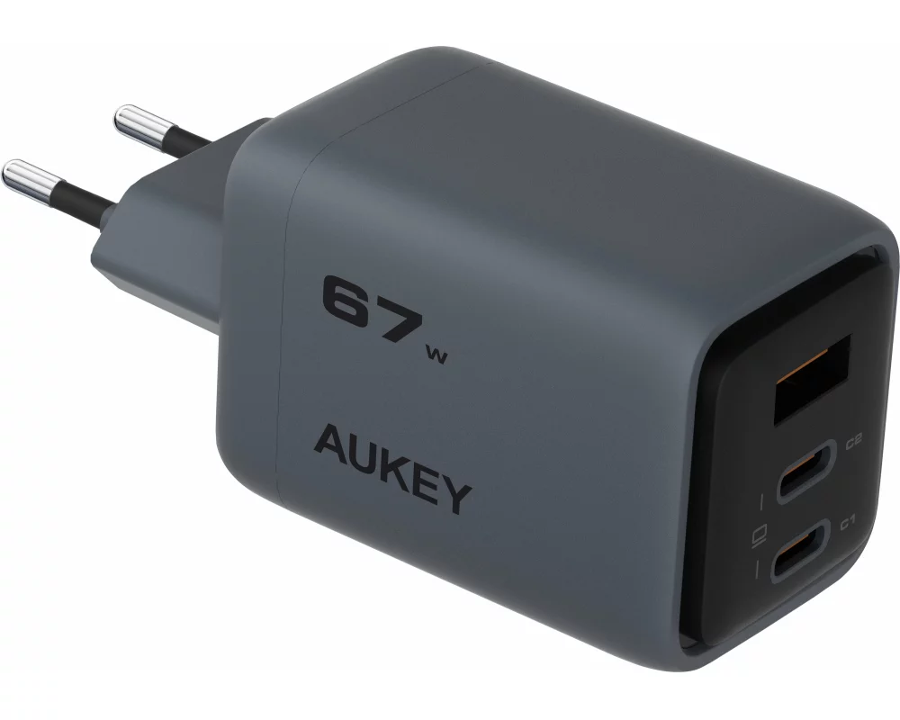 AUKEY Comet Mix 67W GaN PD PA-C3 3-Port, Wall Charger Grey