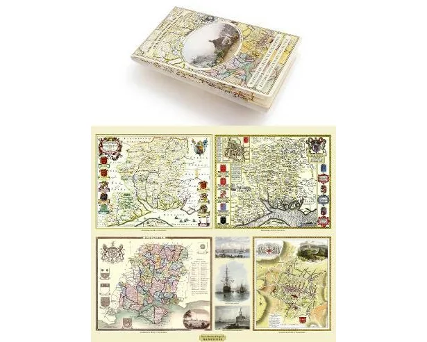 Hampshire 1610 - 1836 - Fold Up Map that features a collection of Four Historic Maps, John Speed's County Map 1611, Johan Blaeu's County Map of 1648,