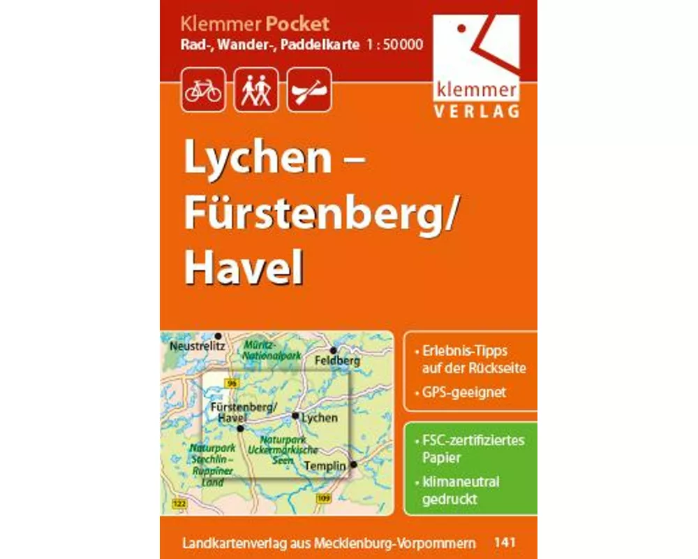 Klemmer Pocket Rad-, Wander- und Paddelkarte Lychen - Fürstenberg/Havel 1 : 50 000