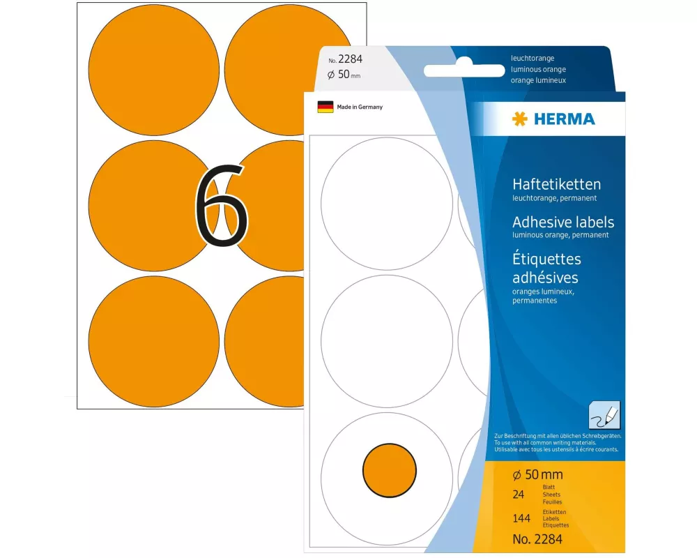 HERMA Vielzweck-Etiketten 2284 Leuchtorange Ø 50 mm, 24 Blatt
