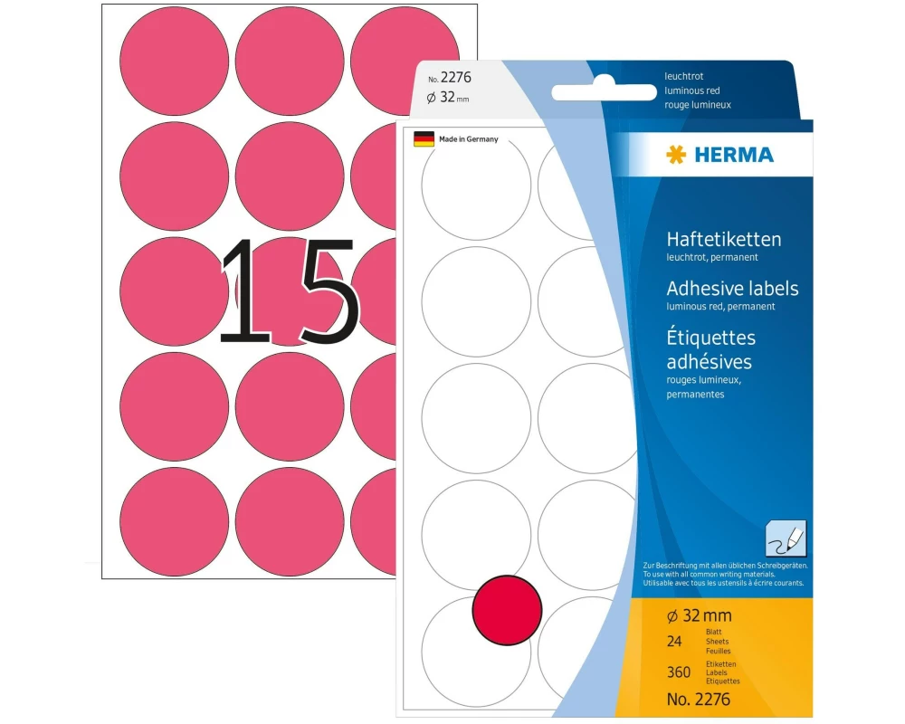 HERMA Vielzweck-Etiketten 2276 Leuchtrot Ø 32 mm, 24 Blatt