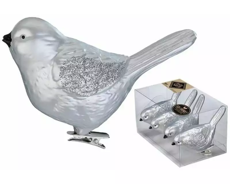 Holly & Jolly Weihnachtskugel Vogel Winter Silver 4 Stück, 8 cm