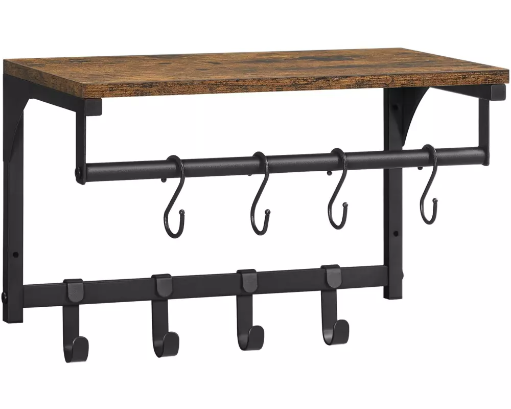 VASAGLE Wandgarderobe mit 8 Haken 40 x 24 cm, Braun/Schwarz