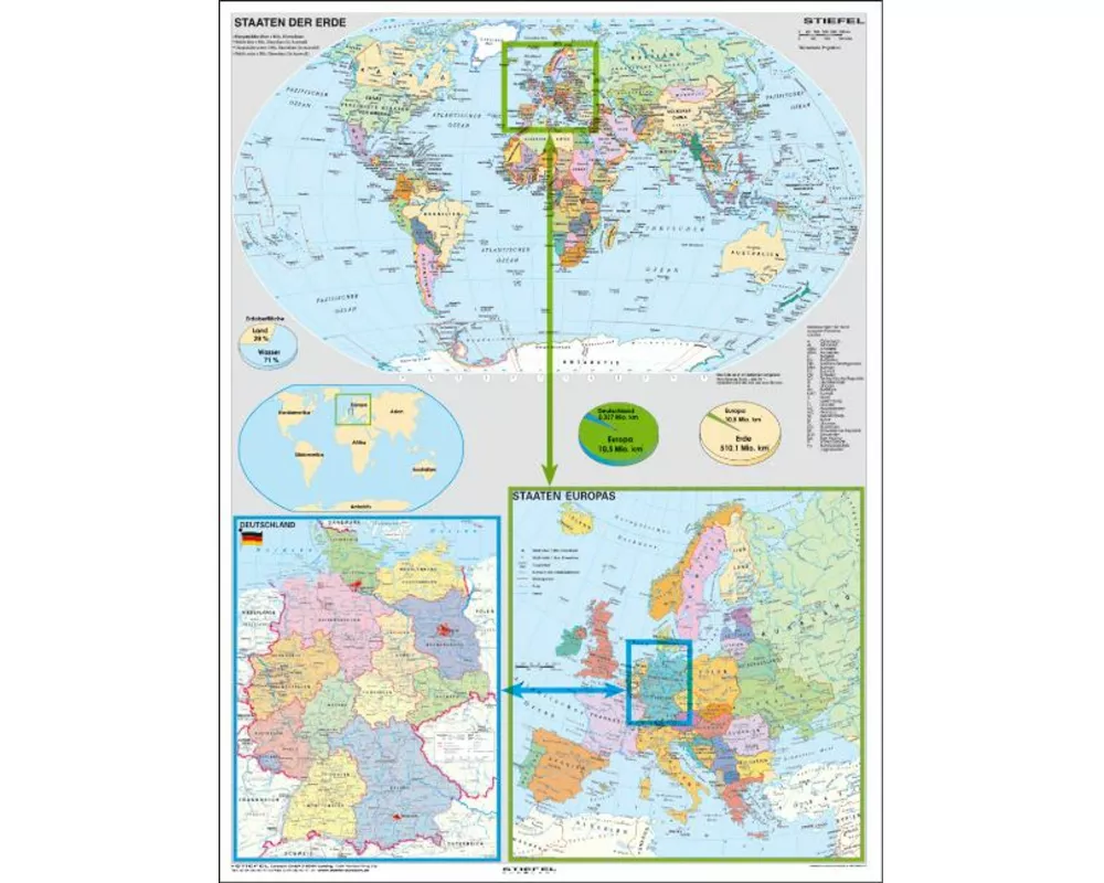 Deutschland und Europa in der Welt politisch. Wandkarte Grossformat ohne Metallstäbe