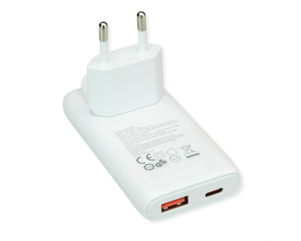 VALUE USB Charger mit Euro-/US-Stecker, 2 Ports Typ A+C, 65W