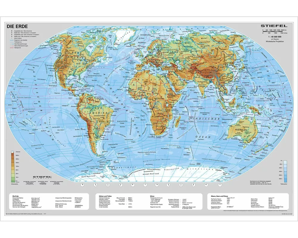 Die Erde, physisch 1 : 40 000 000. Wandkarte Kleinformat ohne Metallstäbe