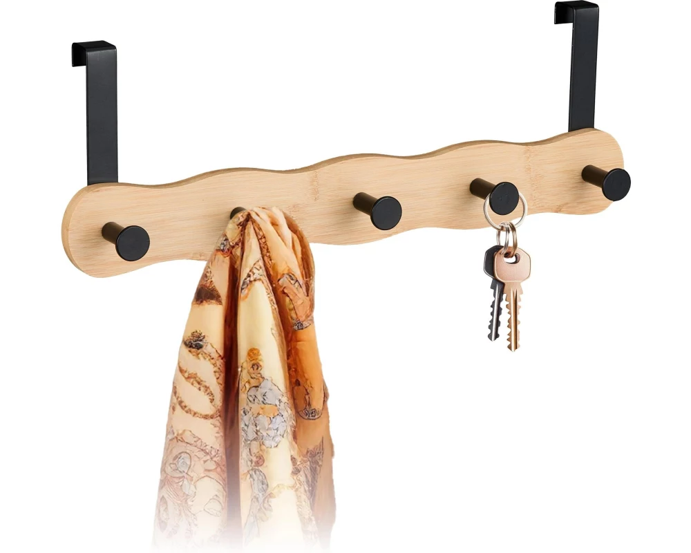 relaxdays Türgarderobe mit 5 Haken, Hellbraun/Schwarz