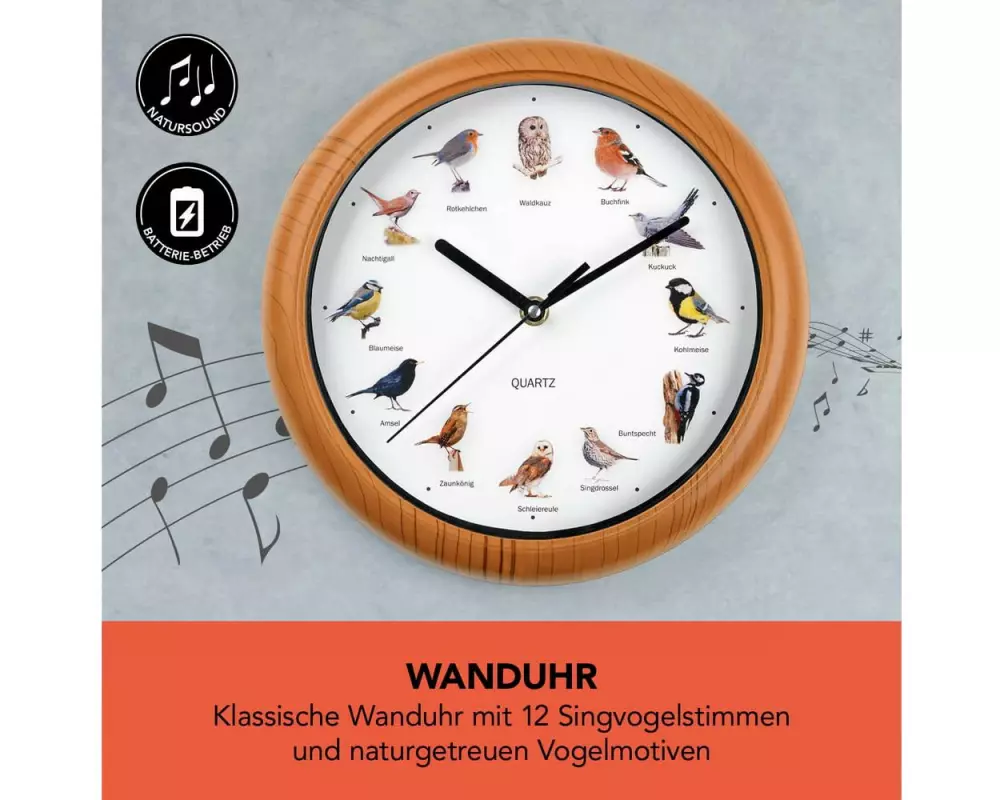 EASYmaxx Wanduhr mit Vogelstimmen 25 cm, Braun