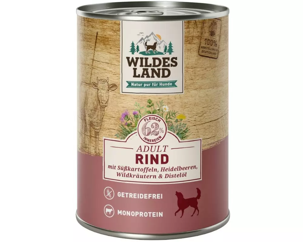 Wildes Land Nassfutter Rind mit Süsskartoffeln und Heidelbeeren 400 g