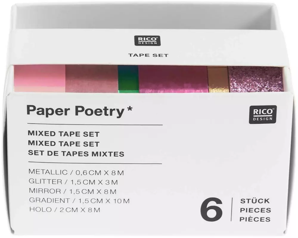 Rico Design Washi Tape 6 Stück, Grün/Rosa, 3/8/10 m