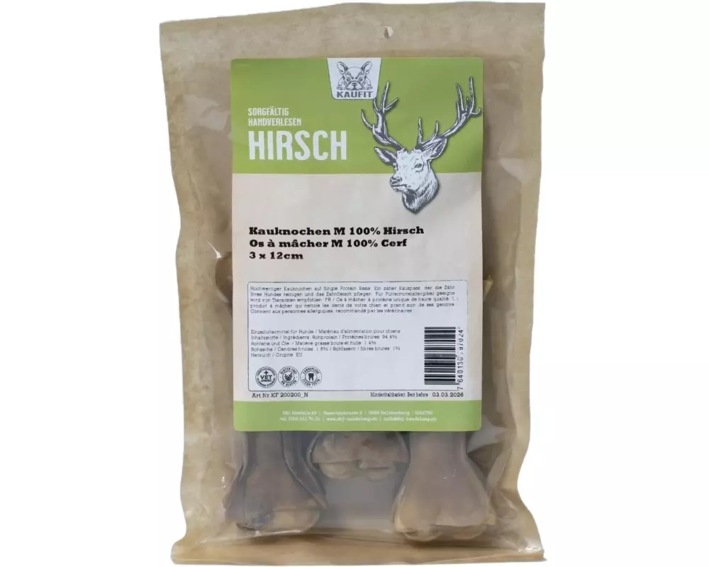 Kaufit Kauknochen Hirsch, 12 cm, 165 g, 3 Stück
