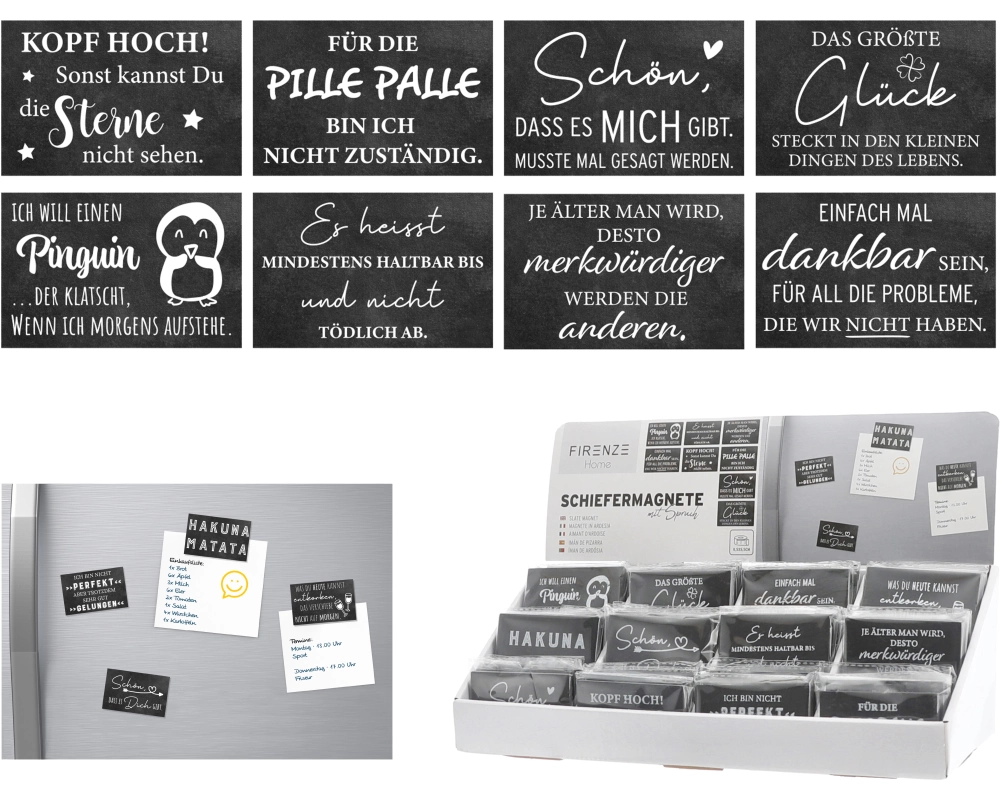 ROOST Magnete Schiefer mit Spruch 10039650 12-fach assortiert