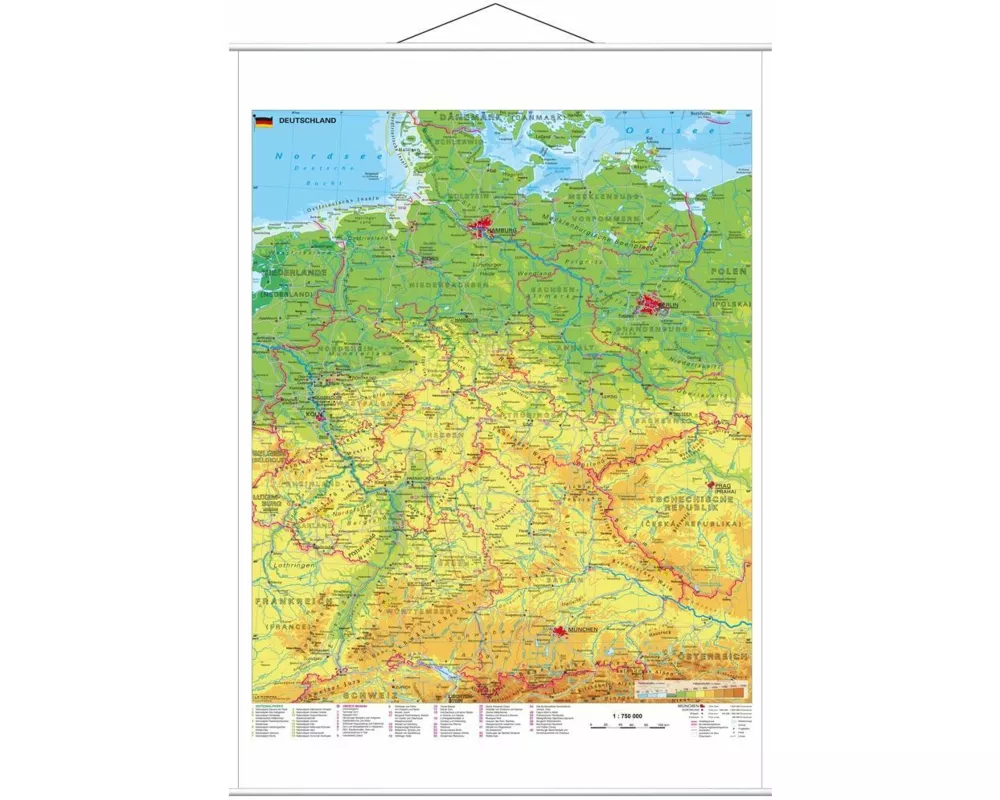 Deutschland physisch 1 : 750 000. Wandkarte mit Metallbeleistung