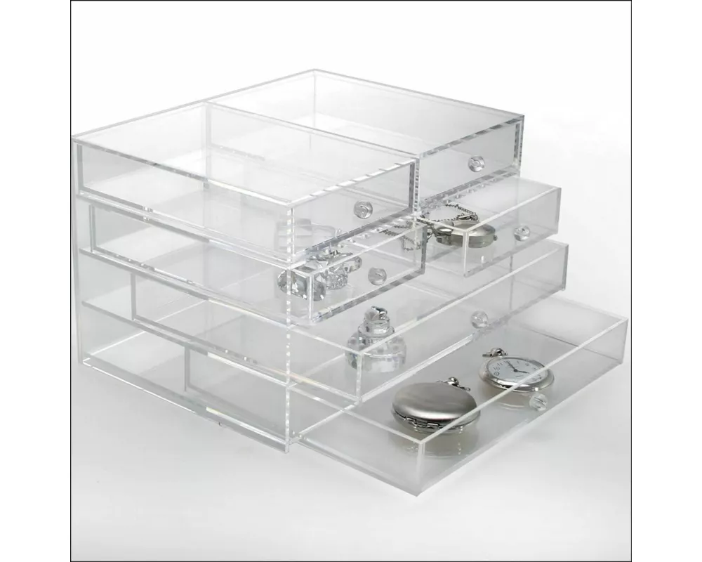 Acryl-Schmuckbox mit 6 Schubladen. Format ca. 165 x 215 x 140 mm