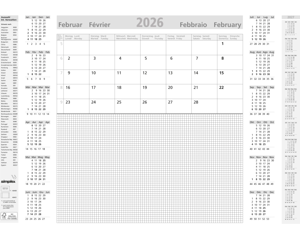 SIMPLEX Schreibunterlage 2026 40401.26 12M hellgrau ML A2