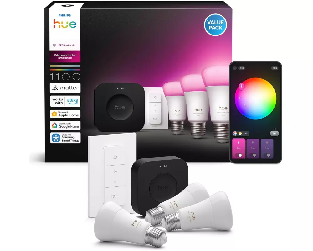 Philips Hue 3 smarte E27-Lampen + Dimmschalter + Hue Bridge Pro