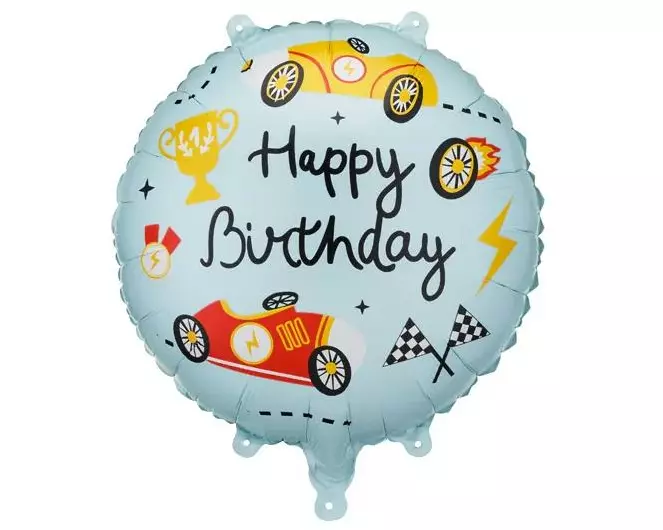 Partydeco Folienballon Happy Birthday 35 x 35 cm, Rennmotiv