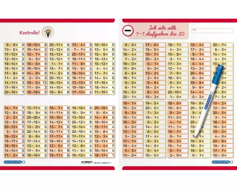 Ich übe alle Subtraktionsaufgaben im Zahlenraum bis 20 mit Stift