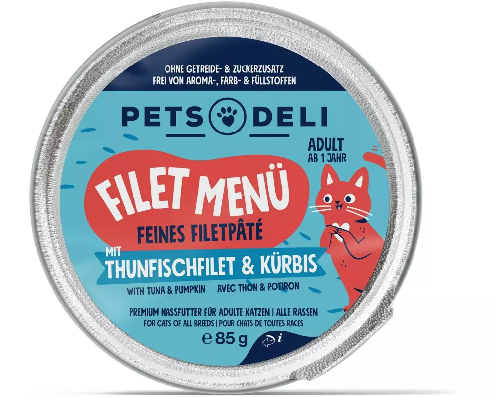 Pets Deli Filet Menü Thunfisch, Putenfilet, Kürbis, Basilikum 85 g