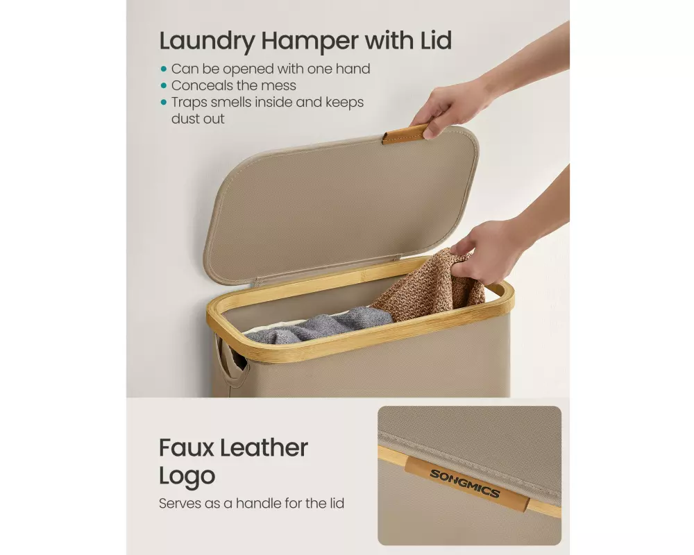 Songmics Slim Laundry Basket with Lid 65 l, Hellbraun