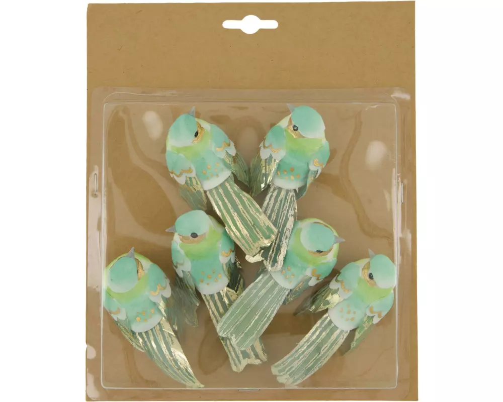 CHALET Deko Federvögel 6 Stück, Grün/Gold