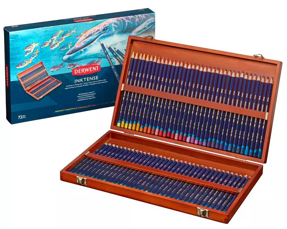Derwent Aquarellstifte Inktense Geschenkset in Holzbox, 72-teilig