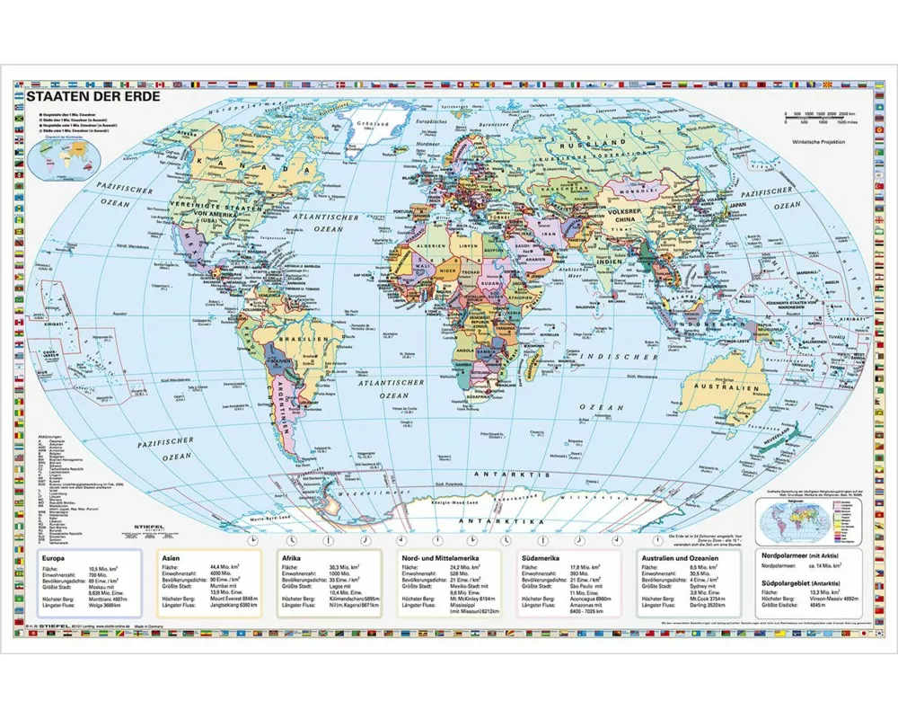 Staaten der Erde, politisch 1 : 40 000 000. Wandkarte Kleinformat ohne Metallstäbe