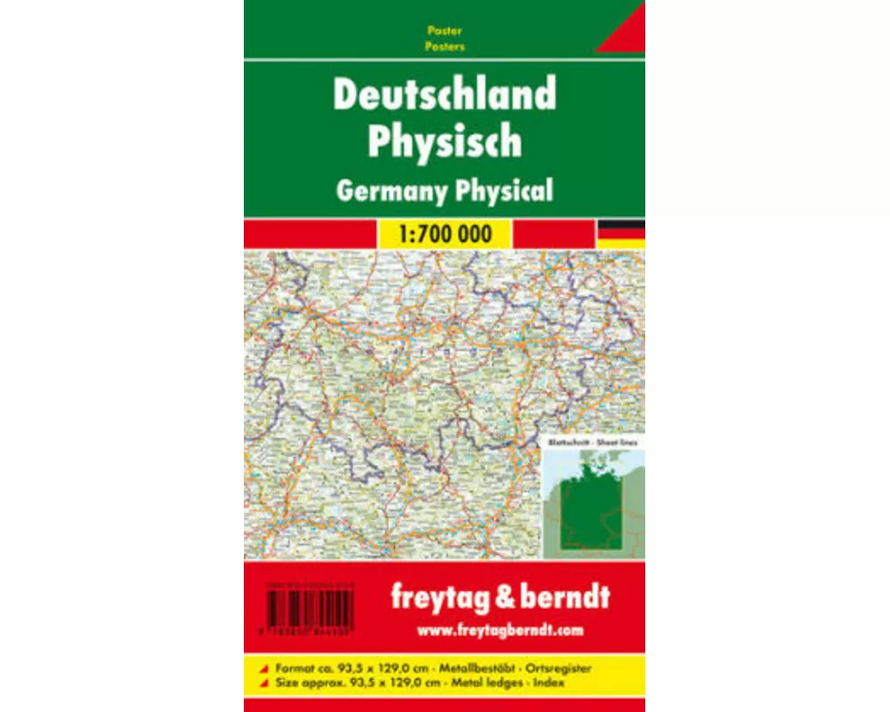 Deutschland Physisch, 1:700.000, Poster metallbestäbt
