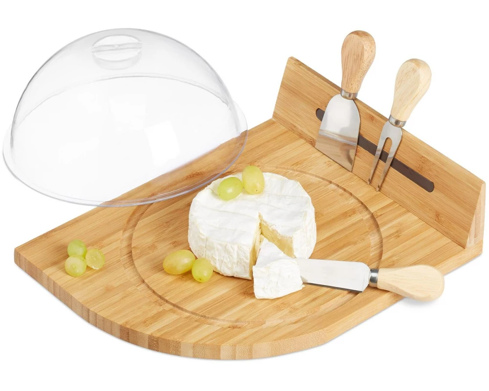 relaxdays Käseglocke mit Besteck 5-teilig, Braun