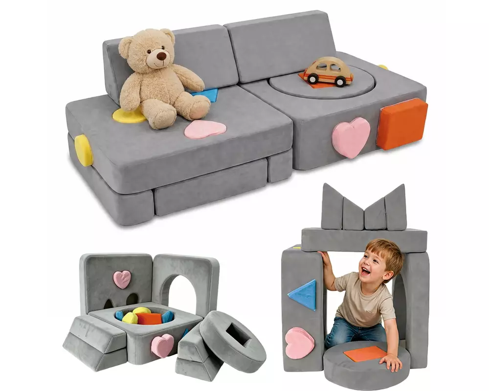 relaxdays Kindersessel Kinder Spielsofa Modular Grau, Orange, Blau
