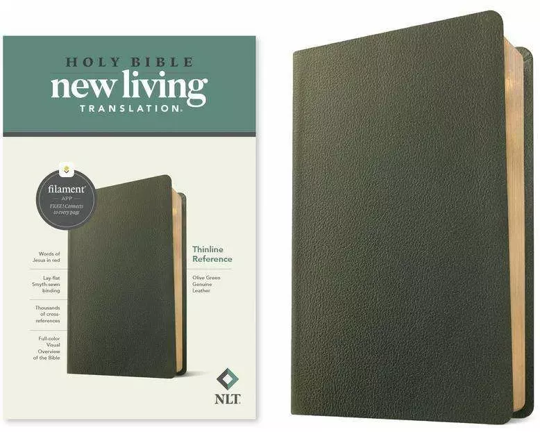 NLT Thinline Reference Bible, Filament Enabled (Genuine Leather, Olive Green, Red Letter)