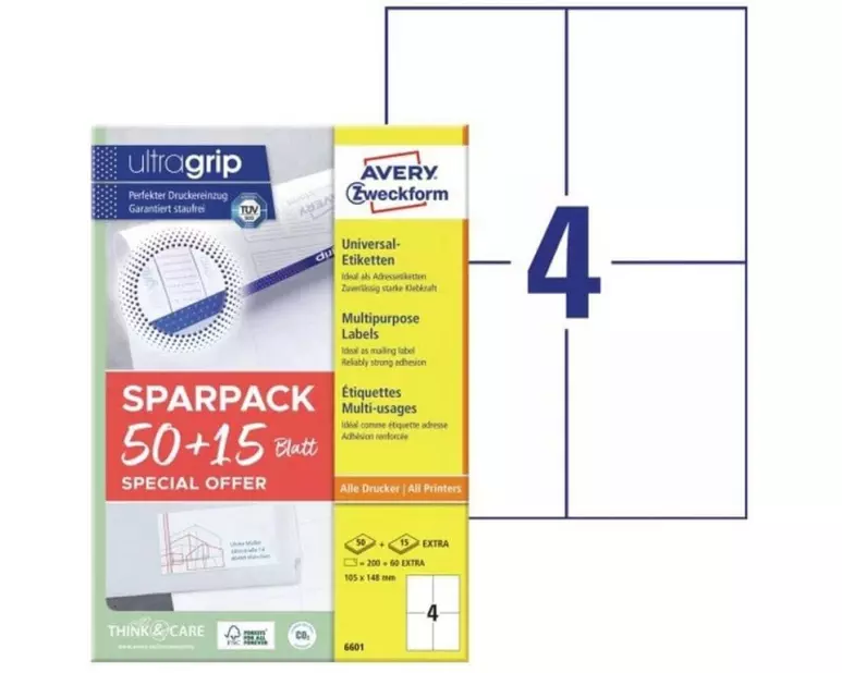 Avery Zweckform Universal-Etiketten 105 x 148 mm, 260 Etiketten / 65 Bogen