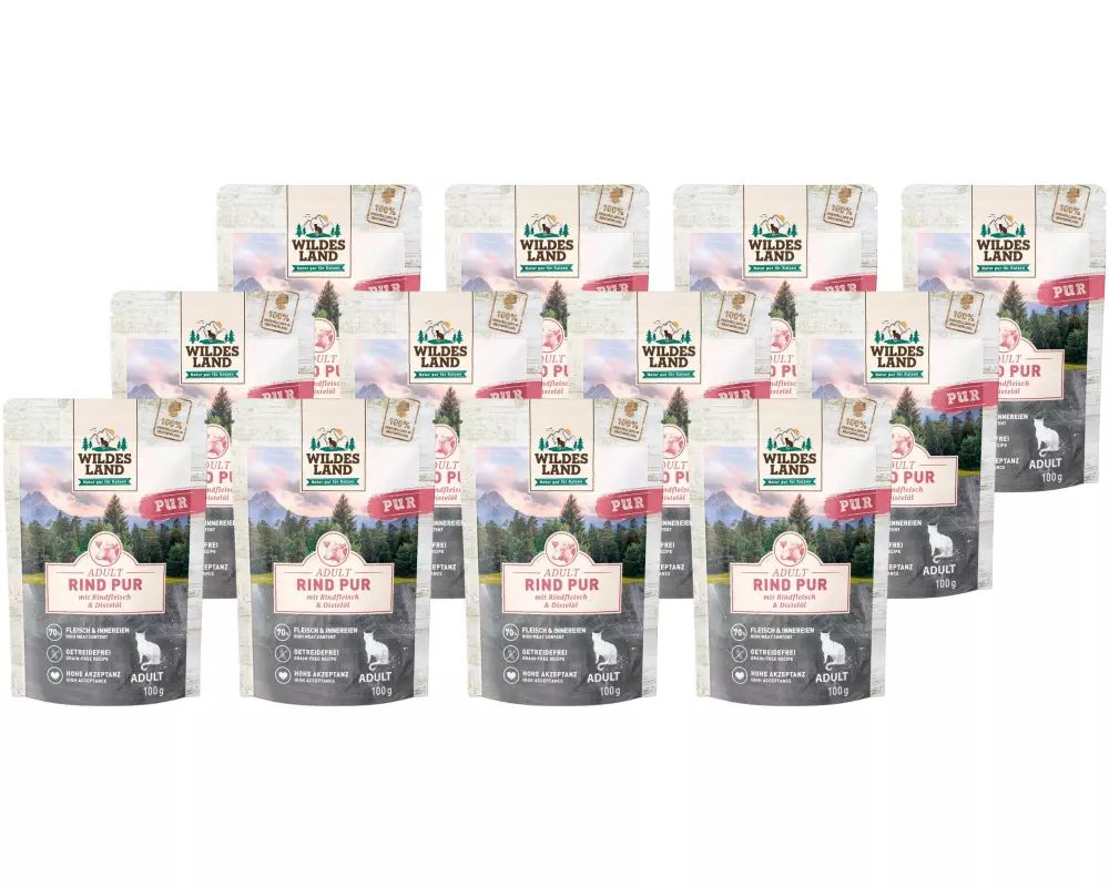 Wildes Land Nassfutter Cat Adult Rind PUR mit Distelöl, 12 x 100 g