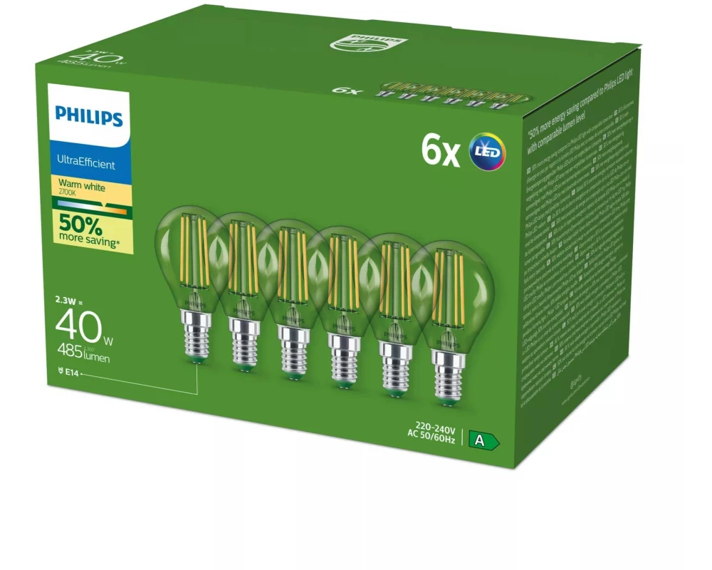 Philips LED-Leuchtmittel LED CLA 40W P45 E14, 6-er Pack