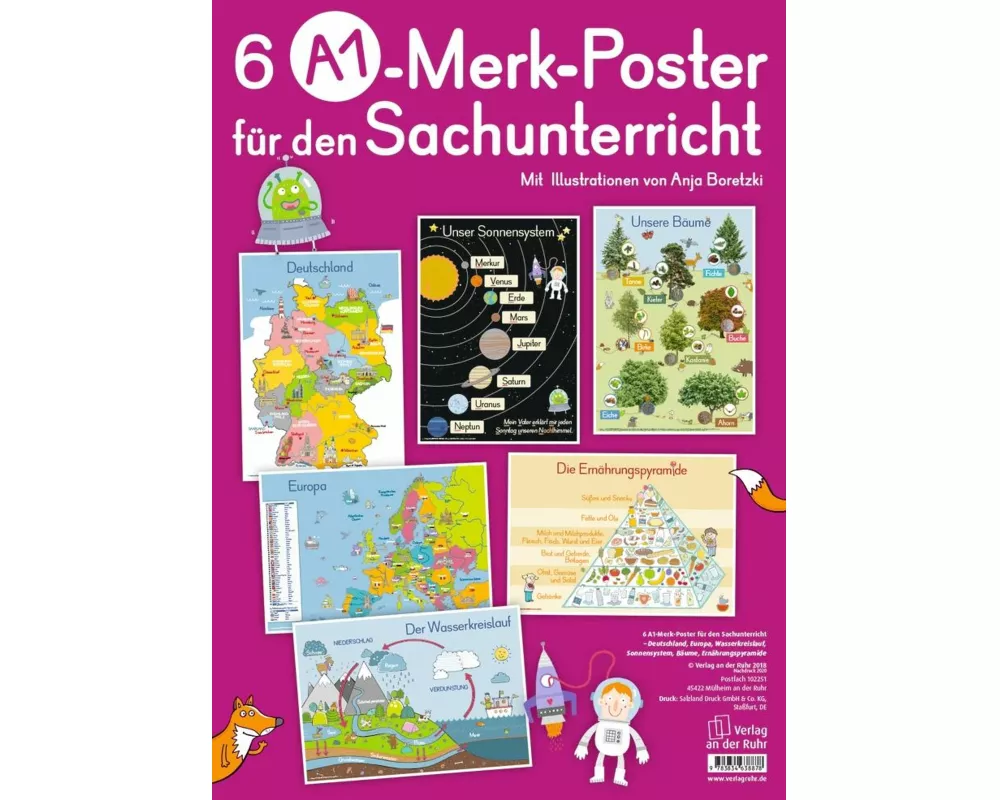 6 A1-Poster für den Sachunterricht: Deutschland, Europa, Wasserkreislauf, Sonnensystem, Bäume, Ernährungspyramide