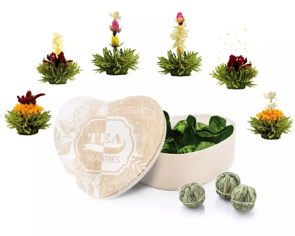 Creano Erblühtee Kugeln Mix grüner Tee 6er Holzherzbox