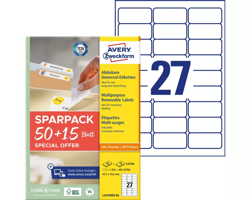 Avery Zweckform Universal-Etiketten L4737REV-65, 63.5 x 29.6 mm, 65 Blatt