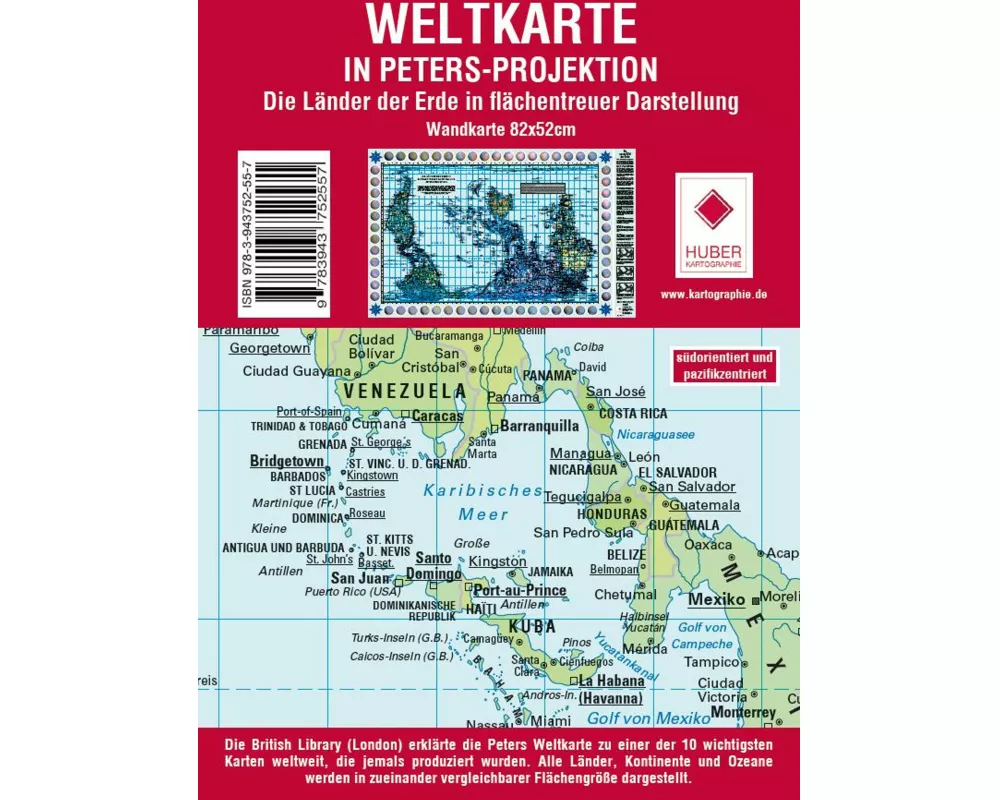 Weltkarte Petersprojektion, Up-side down deutsch (ca. 82,5 x 52,3 cm)