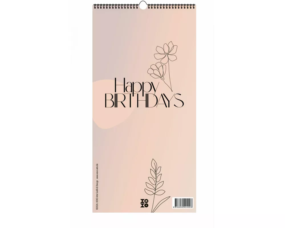 Immerwährender Geburtstagskalender "Happy Birthdays" ohne Jahreszahl. Florale Lineart in Bohofarben