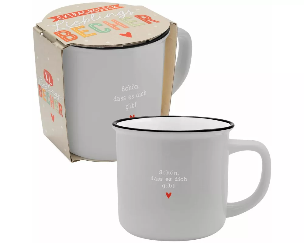 XL-Becher in Emailleoptik mit Motivdruck "Schön, dass es dich gibt"