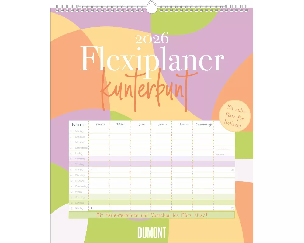 DUMONT - Flexiplaner Kunterbunt 2026 – Familienplaner 35x40 cm – Wandkalender mit 7 Spalten, farbenfrohes Design & Datumsschieber