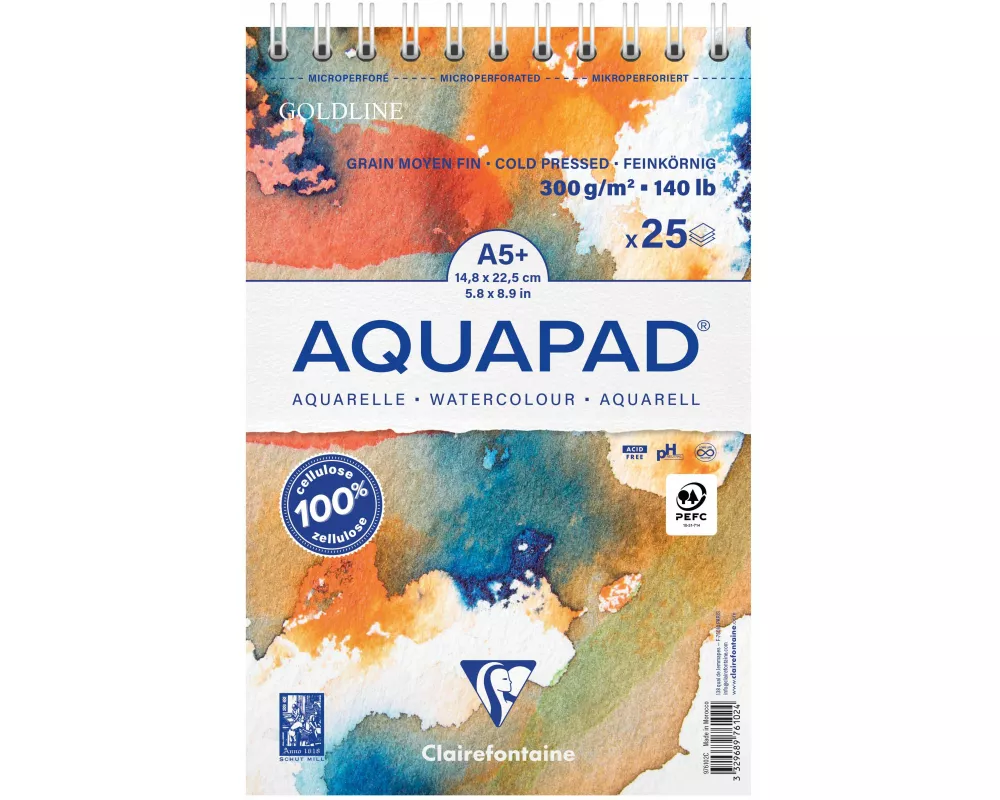 Aquapad Spiralblock Aquarell A5+, 14,8x22,5cm, 300g, 25 Blatt