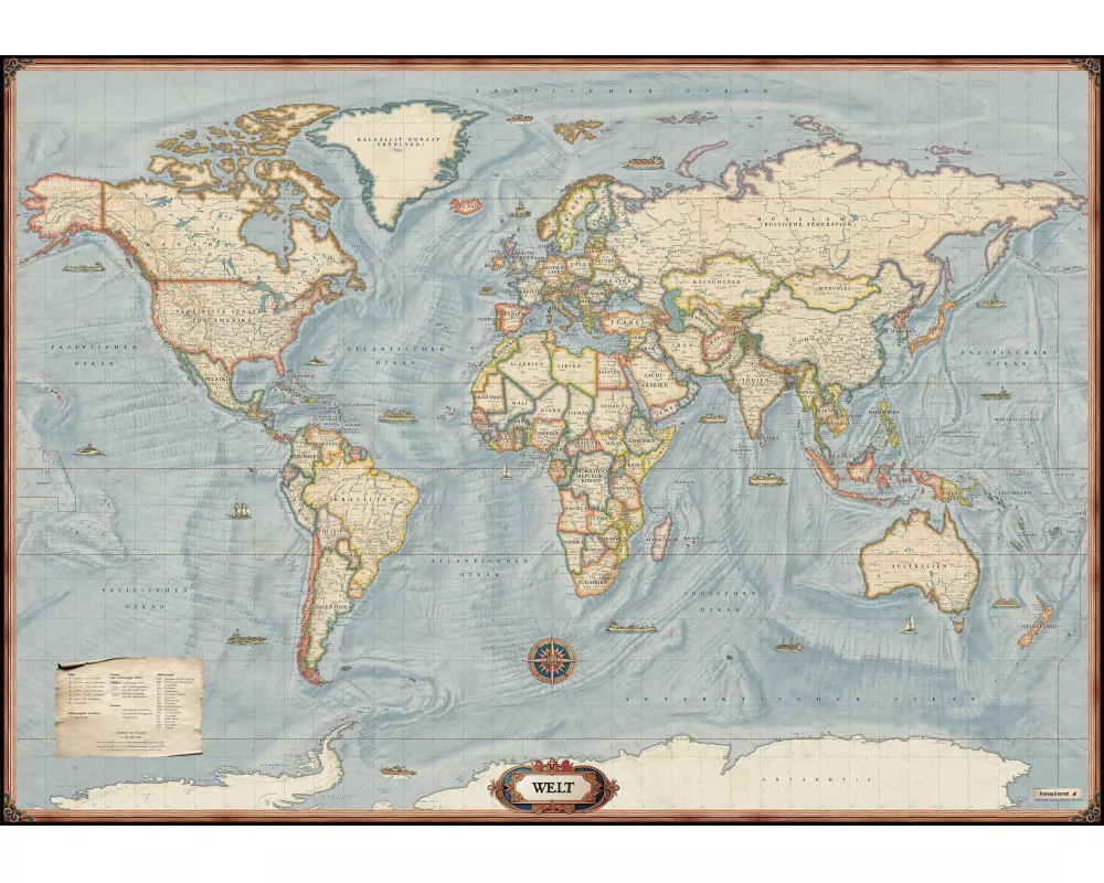 Weltkarte: Aktuelle Karte in historischem Stil, 1:20.000.000, Poster metallbestäbt, freytag & berndt