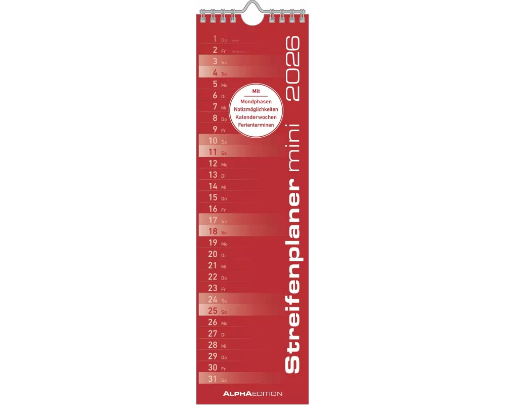 Alpha Edition - Streifenplaner Mini ROT Kalender 2026 – 9,5x33 cm – Küchenkalender für Singles, Paare & kleine Haushalte – Schlichtes Design mit stimm
