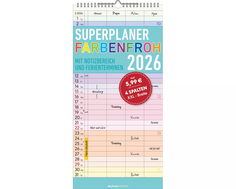 Alpha Edition - Superplaner Farbenfroh - 4 Spalten - Familienkalender 2026 – 4 Spalten, 22x45 cm – Bunter Familien-Timer mit Feiertagen (DE/AT/CH/FR/I