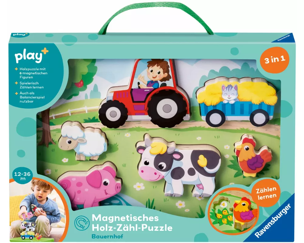 Play+ Magnetisches Holz-Zähl-Puzzle: Bauernhof - ab 12 Monate