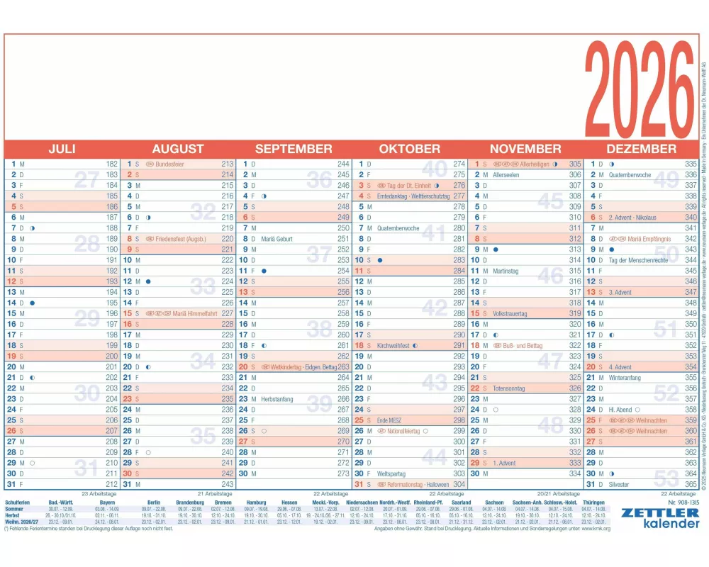 Zettler Arbeitstagekalender kaschiert A4 2026 – Bürokalender groß 29 × 21 cm, 6 Monate pro Seite, Arbeitstage-, Tages- & Wochenzähler, Ferienübersicht