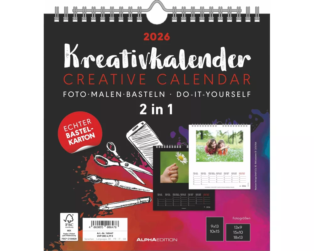 Alpha Edition - Kreativ-Kalender M 2 in 1 Schwarz & Weiß 2026 – Bastelkalender M (21×22 cm) mit beidseitigem Design & Platz für Fotos, ideal zum Malen