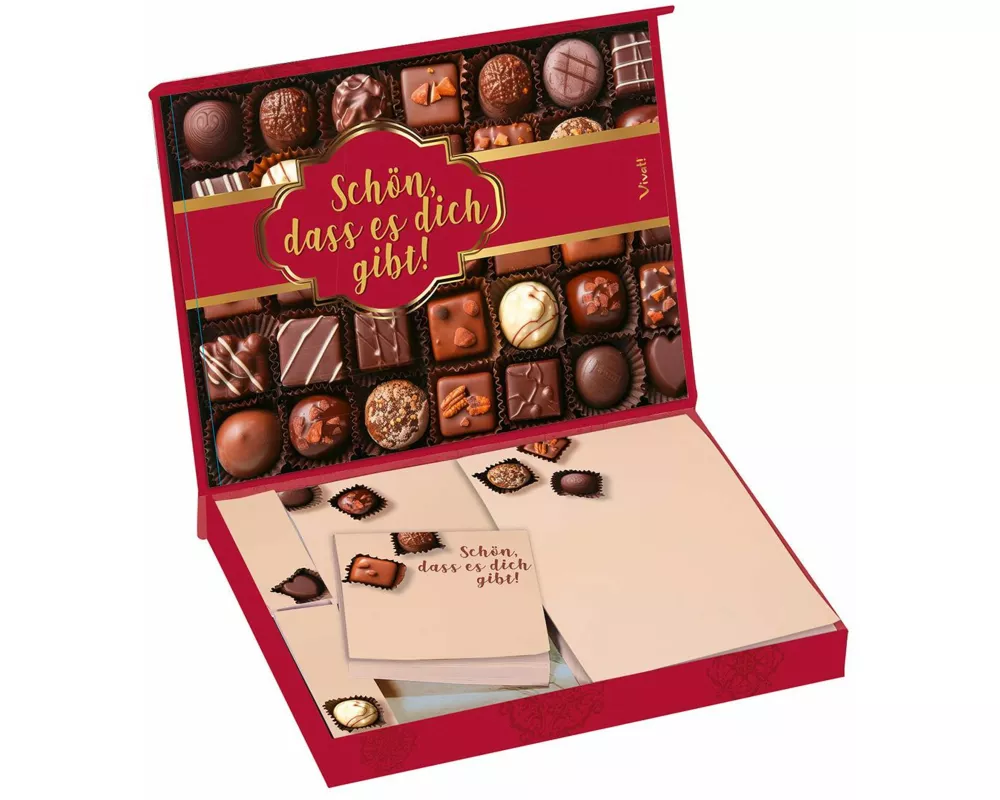 Notizzettelbox 'Schön, dass es dich gibt' mit Pralinendesign